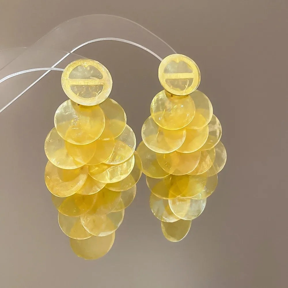 Round Shell Shell Tassel Earrings Beach Style Transparent Vintage Exaggerated Shell Disc Earrings Drop Earrings Oasis Select Yellow