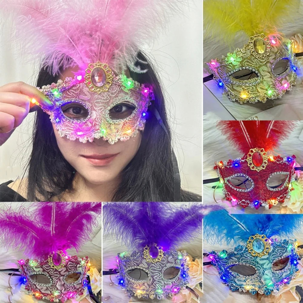 1Pcs Venetian Venice Glowing Feather Led Masks Woman Fancy Dance Party Eye Mask Carnival Halloween Masquerade Cosplay Costume Oasis Select