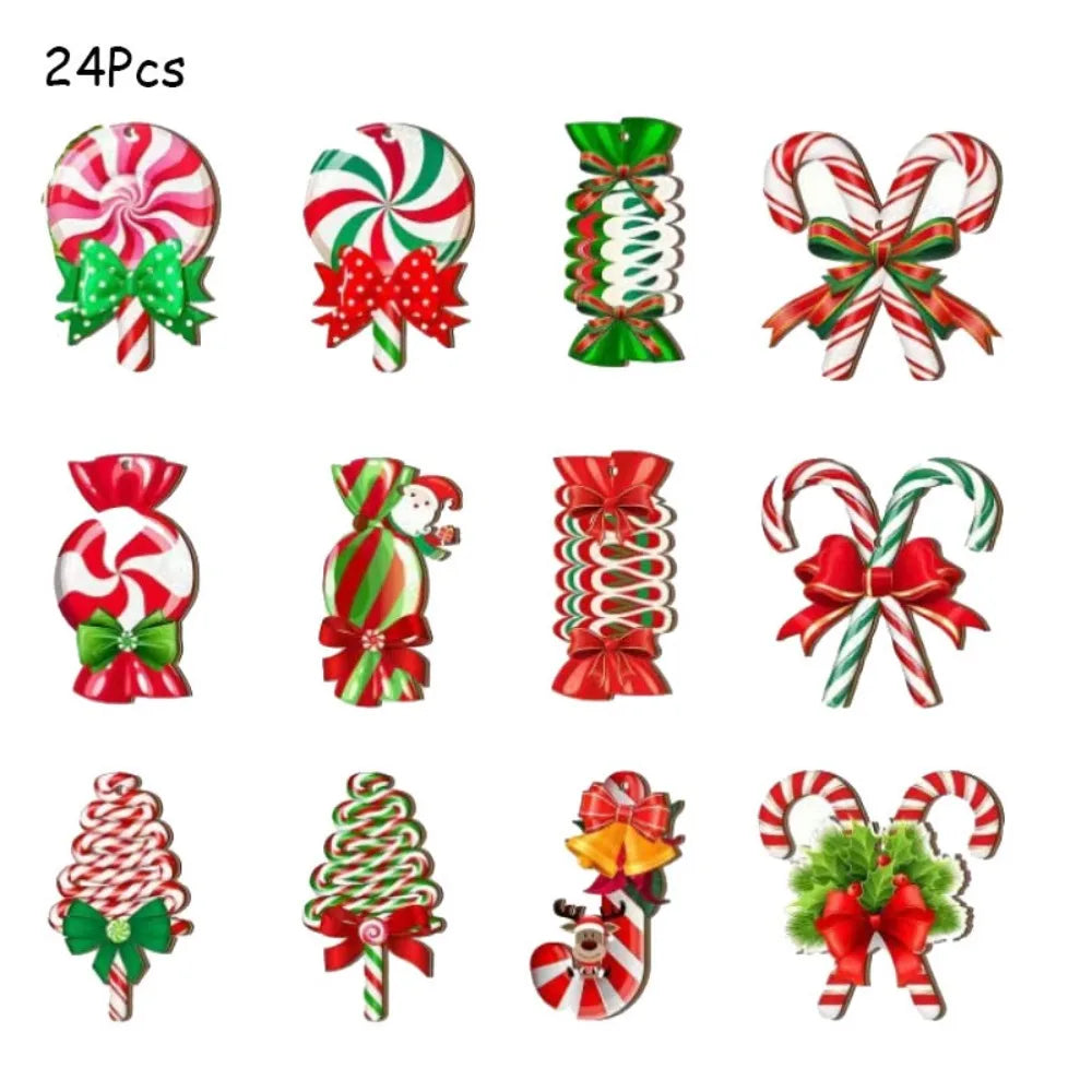 Wooden Candy Cane Christmas Ornaments 12/24 Pcs | DIY Hanging