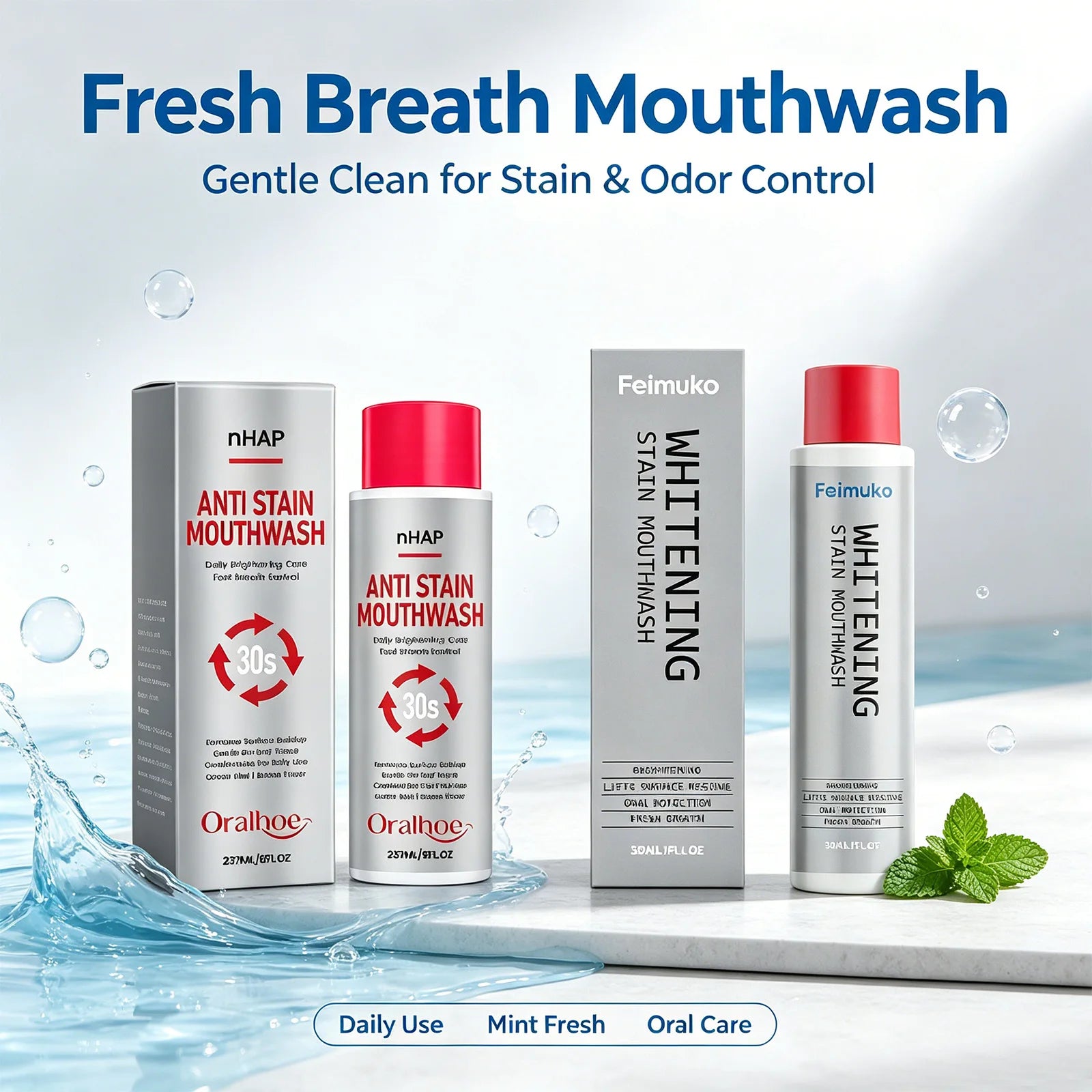nHAP Anti Stain Mouthwash Whitening Breath Freshening Removes Surface Buildup Gentle Oral Care Mint Long Lasting Home Care 237ml Oasis Select