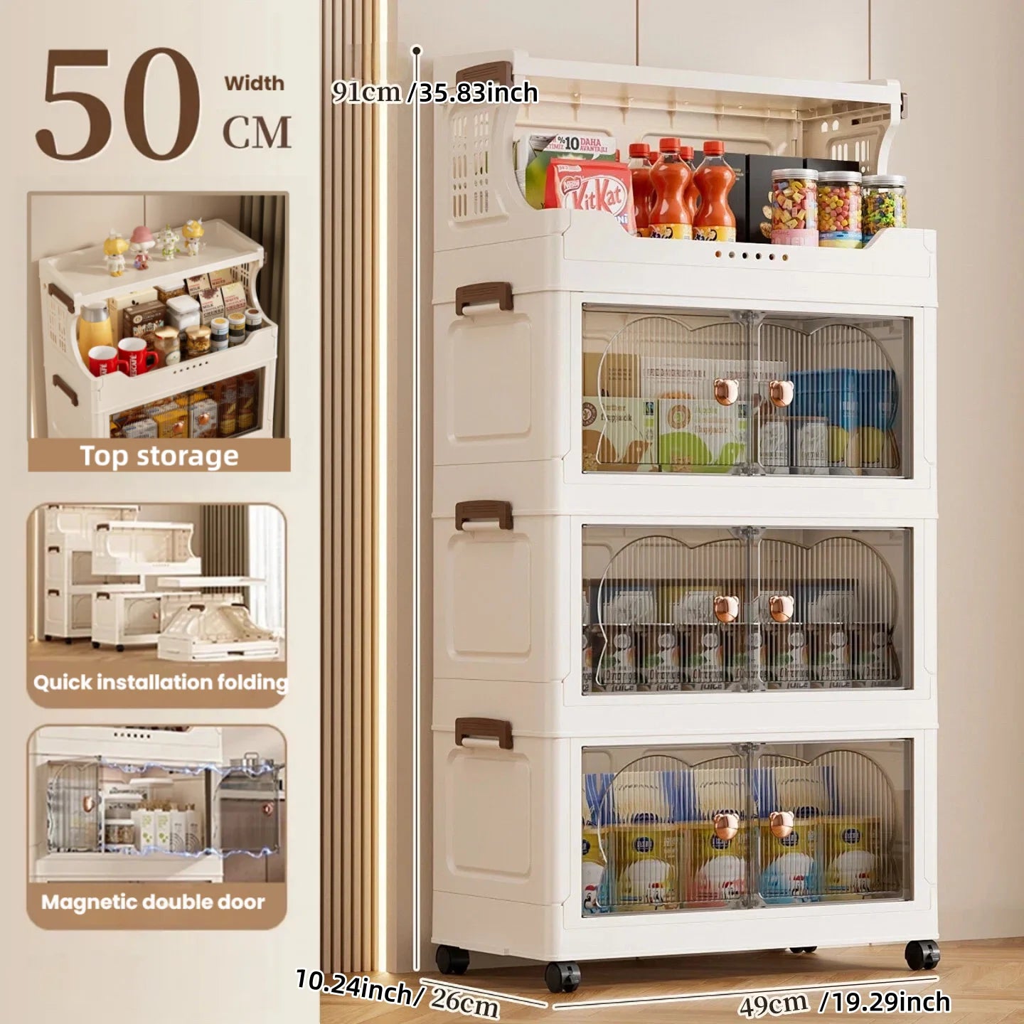Folding storage cabinet - multi-level storage rack for kitchen clutter - home living room snack and toy storage cabinet Oasis Select 4 layers