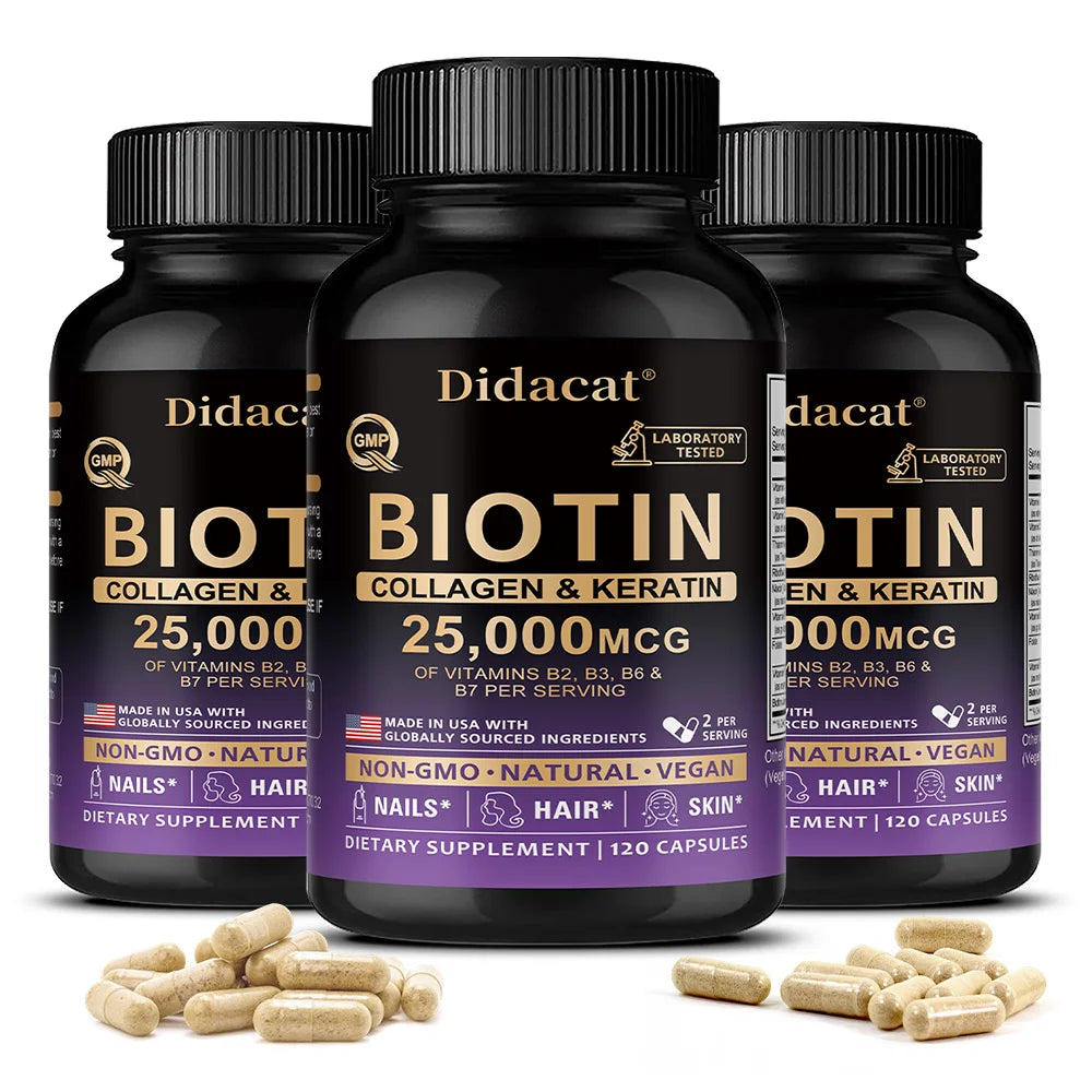 Biotin 25000 mcg + Collagen & Keratin – Hair, Skin & Nails Hair & Beauty Supplement Oasis Select 120 count-3 bottle