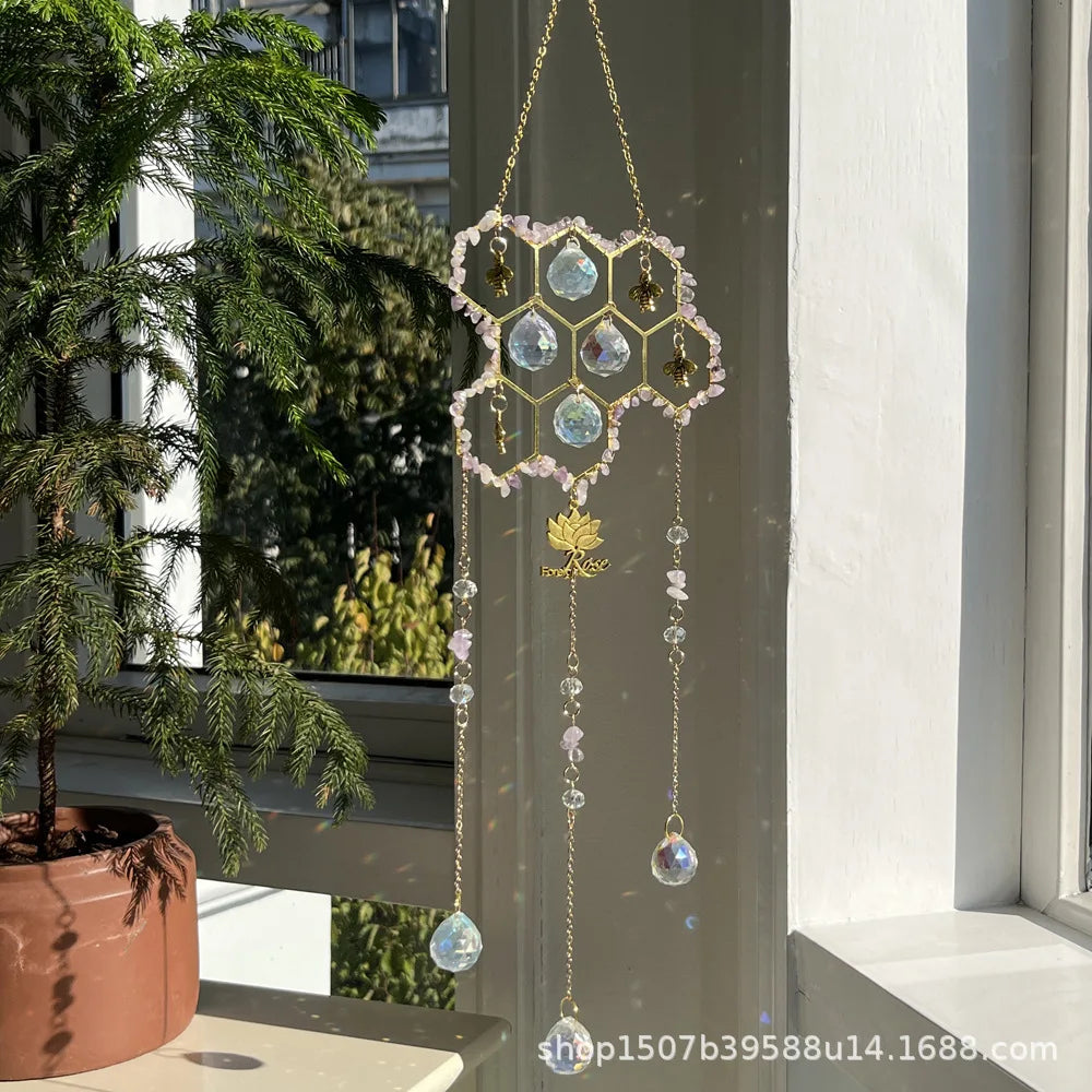 Sun Catcher Pendant Custom Wind Chimes New Big Hive Small Bee Natural Crystal Sun Catcher Room Decor Oasis Select