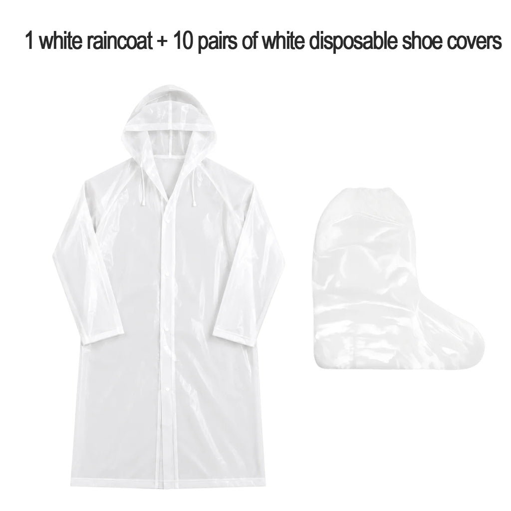 White Raincoat with 10 Disposable Shoe Covers Waterproof Adult Poncho Set for Outdoor Travel Camping Hiking Rain Protection Gear Oasis Select 1PCS-White