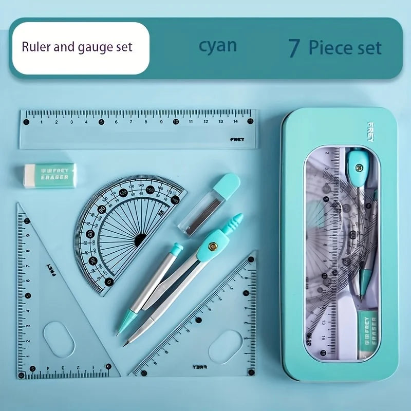 1-set Durable 7-in-1 Measuring and Drawing Tool Set, Including Compass, Protractor, Ruler, and Eraser Oasis Select Blue