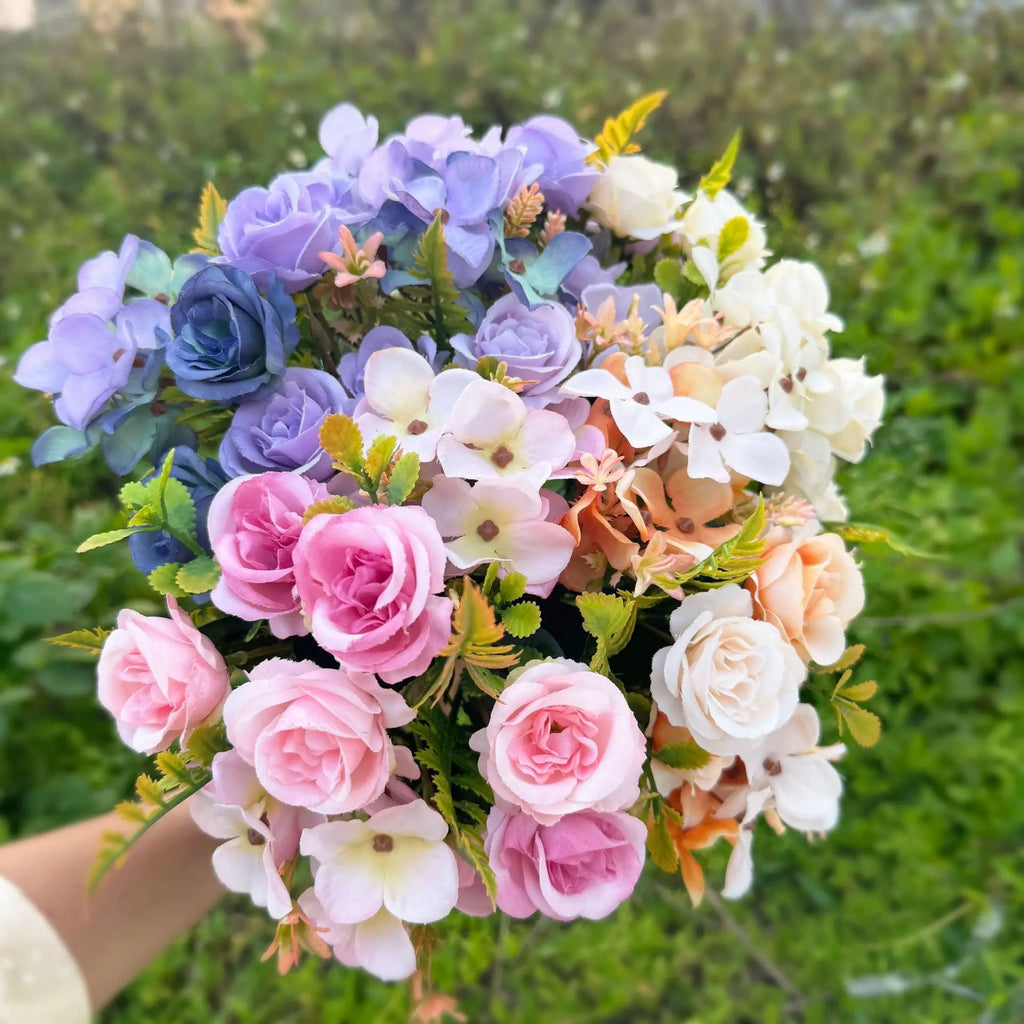 Heads pink Artificial Silk Rose Flowers Fake White Eucalyptus Peony Flower Bouquet, for Home Wedding Party Garden Decoration Oasis Select