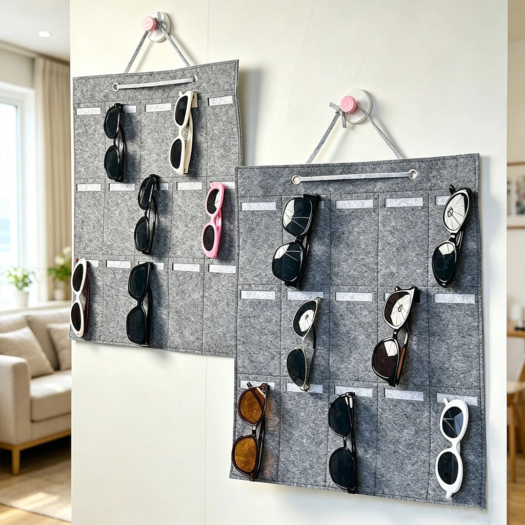 1pc foldable portable gray felt glasses storage bag saves space 15 vertical independent pockets and a mesh glasses display bag Oasis Select