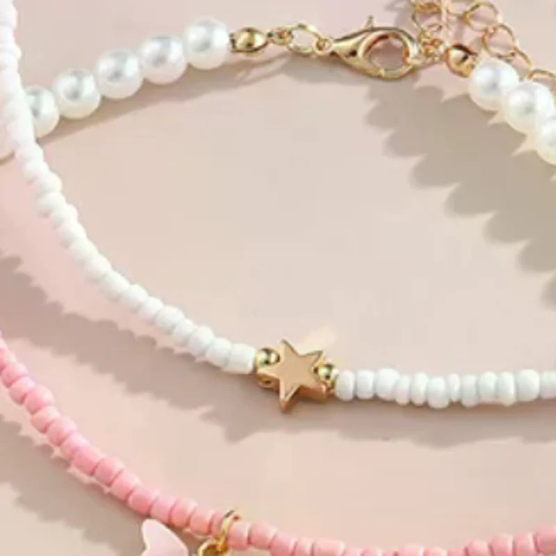 4pcs/Set Girls' Butterfly Heart Flower Pearl & Beaded Handmade Necklace Set Children Teen Friendship Best Gift For Friends Oasis Select