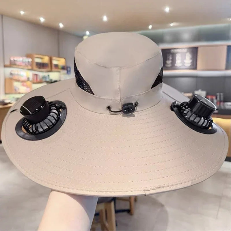 Outdoor Sun Hat for Men with Solar Powered Fan Quick Dry Bucket Hat USB Rechargeable Fishing Hiking Camping Headwear Accessory Oasis Select Beige