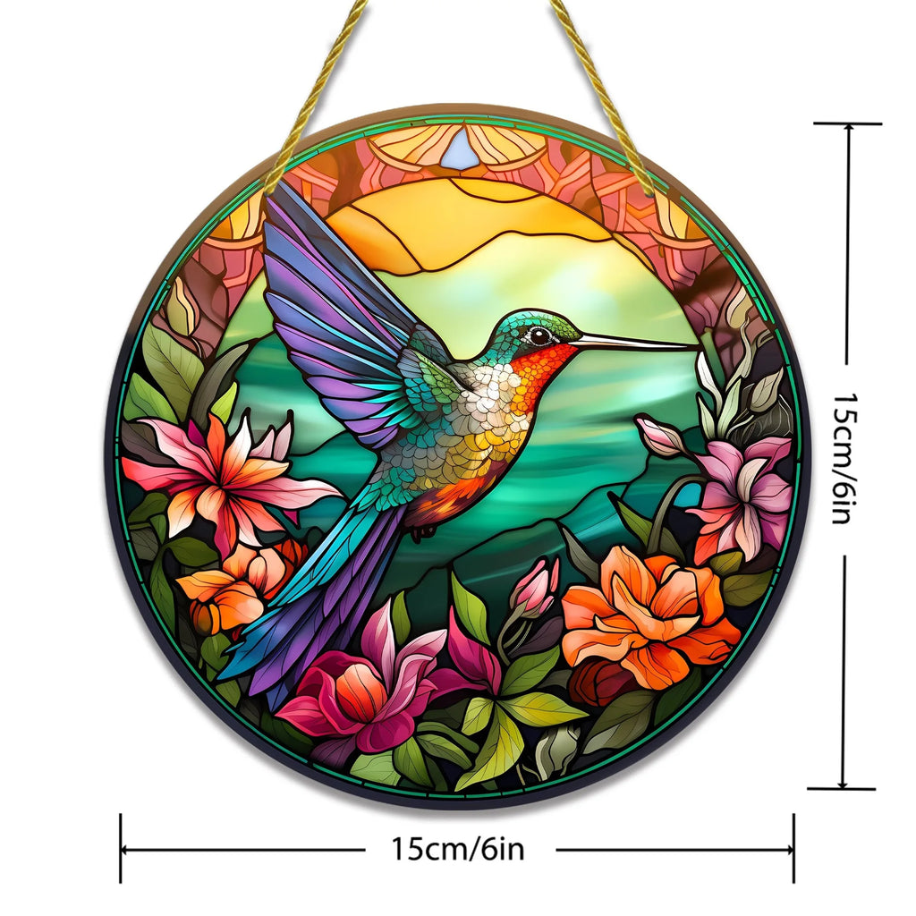 NEW Acrylic Painted Hummingbird Pendant Bird Floral Pattern Suncatcher Round Wreath Porch Window Outdoor Patio Hanging Ornaments Oasis Select