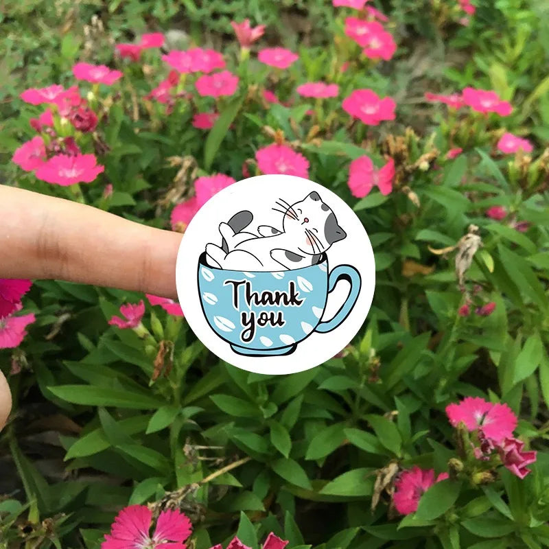 500pcs/1 roll label stickers, cat in a cup coated paper, thank you for ordering shop gift tag stickers Oasis Select