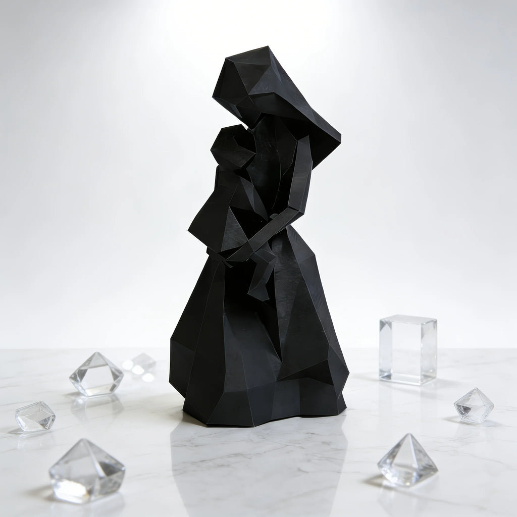 Geometric Mother Child Figurine Abstract Faceted Sculpture Minimalist Black Home Decor for Shelf & Mantel Display Oasis Select