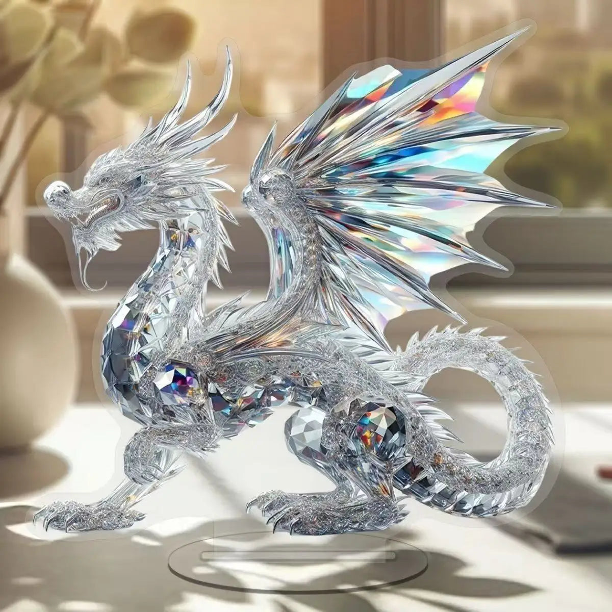 Acrylic White Crystal Dragon Statue 2D Flat Cool Figurine Home Office Cafe Room Studio Display Case Table Ornament Decor Gift Oasis Select Dragon