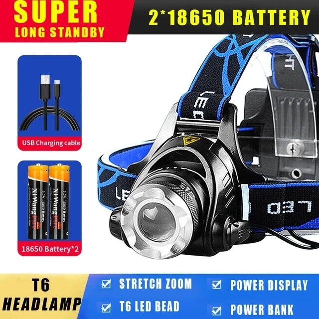 LED Zoom Headlight Flashlight Light Source Rechargeable Camping Headlamp Hunting Head Light Torch Outdoor Fishing Head Lamp Oasis Select T6 Headlamp 2PCS