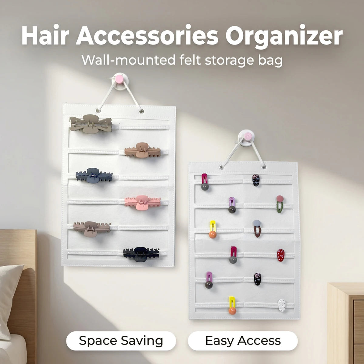 1pc felt white striped pocket style hair accessory storage hanging bag foldable wall mounted hair clip glasses jewelry storage Oasis Select