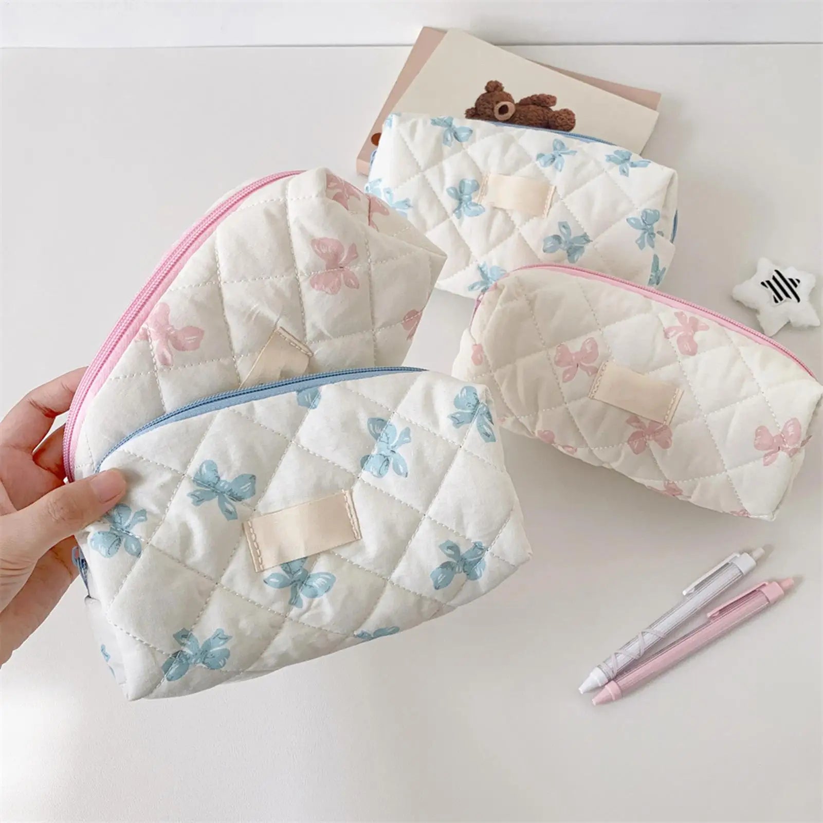 Large Capacity Storage Bag Pencil Case Makeup Bag Bow Print Cosmetics Bag Sundry Storage Bags Organizer Student Stationery Oasis Select