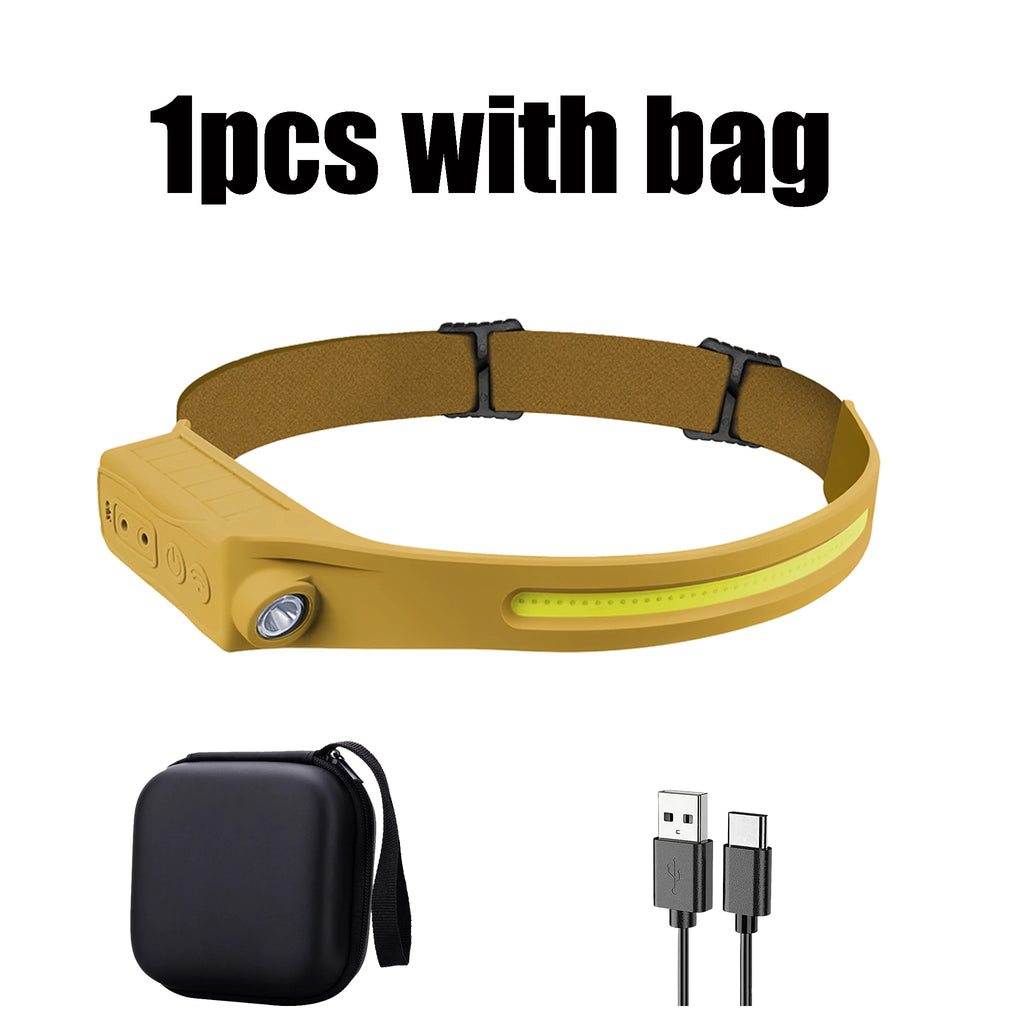 Powerful COB LED Sensor Headlamp USB Rechargeable Headlight Head Torch Work Light Head Flashlight for Fishing Lantern Camping Oasis Select Yellow with bag