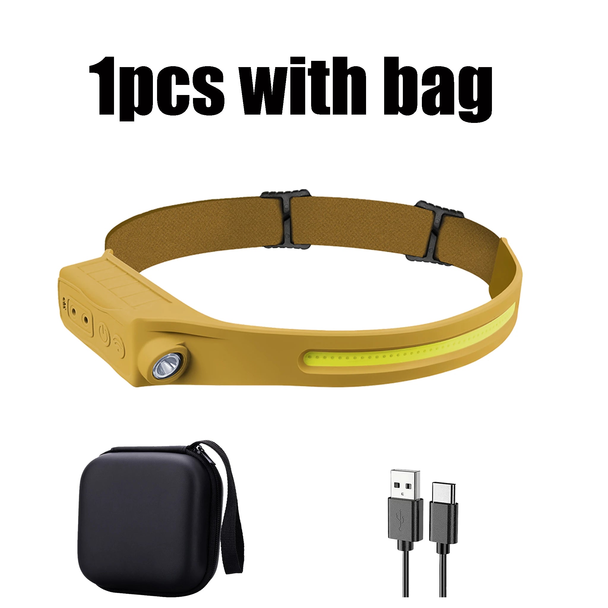Powerful COB LED Sensor Headlamp USB Rechargeable Headlight Head Torch Work Light Head Flashlight for Fishing Lantern Camping Oasis Select Yellow with bag