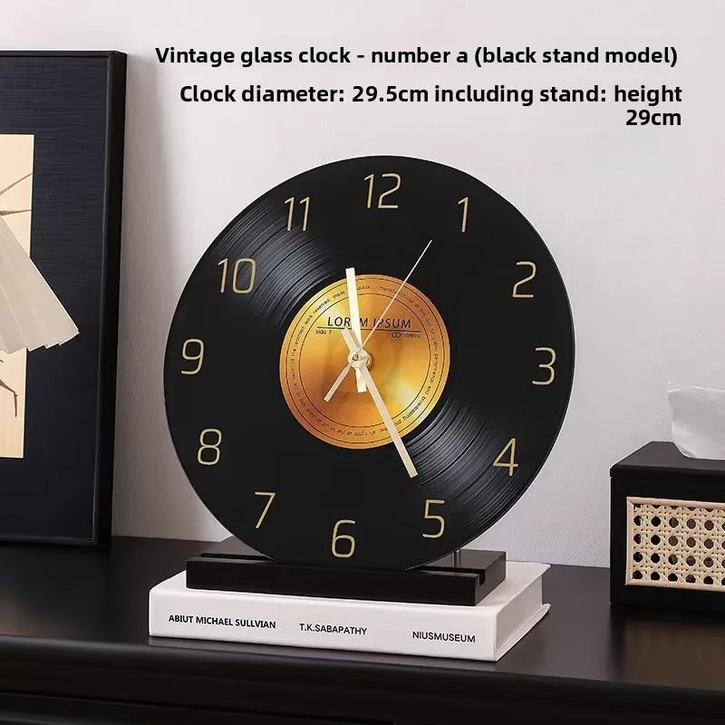 Mid Ancient Style Retro Vinyl Record Desktop Clock Decoration Living Room TV Cabinet Italian Minimalist Decoration Desk Clock Oasis Select Black A