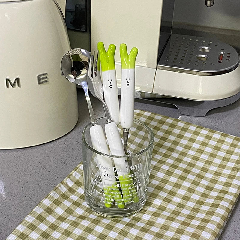 1Pcs Cute Cartoon Green Onion Stainless Steel Ceramic Tableware Creative Family Spoon and Fork Birthday Gifts for Boys Girls Oasis Select