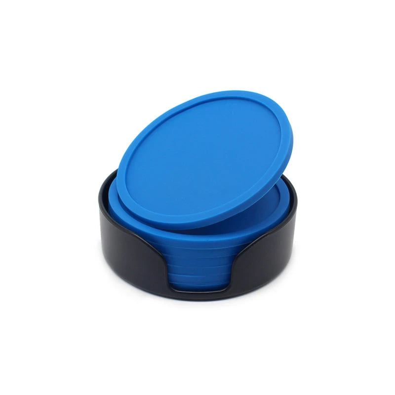 6pcs Non-slip Silicone Drinking Coaster Set Holder Cup Coaster Mat Set Round Coffeee Cup Mat Set Black Tabletop for Home Kitchen Oasis Select Blue 6 mat and 1 bracket Round