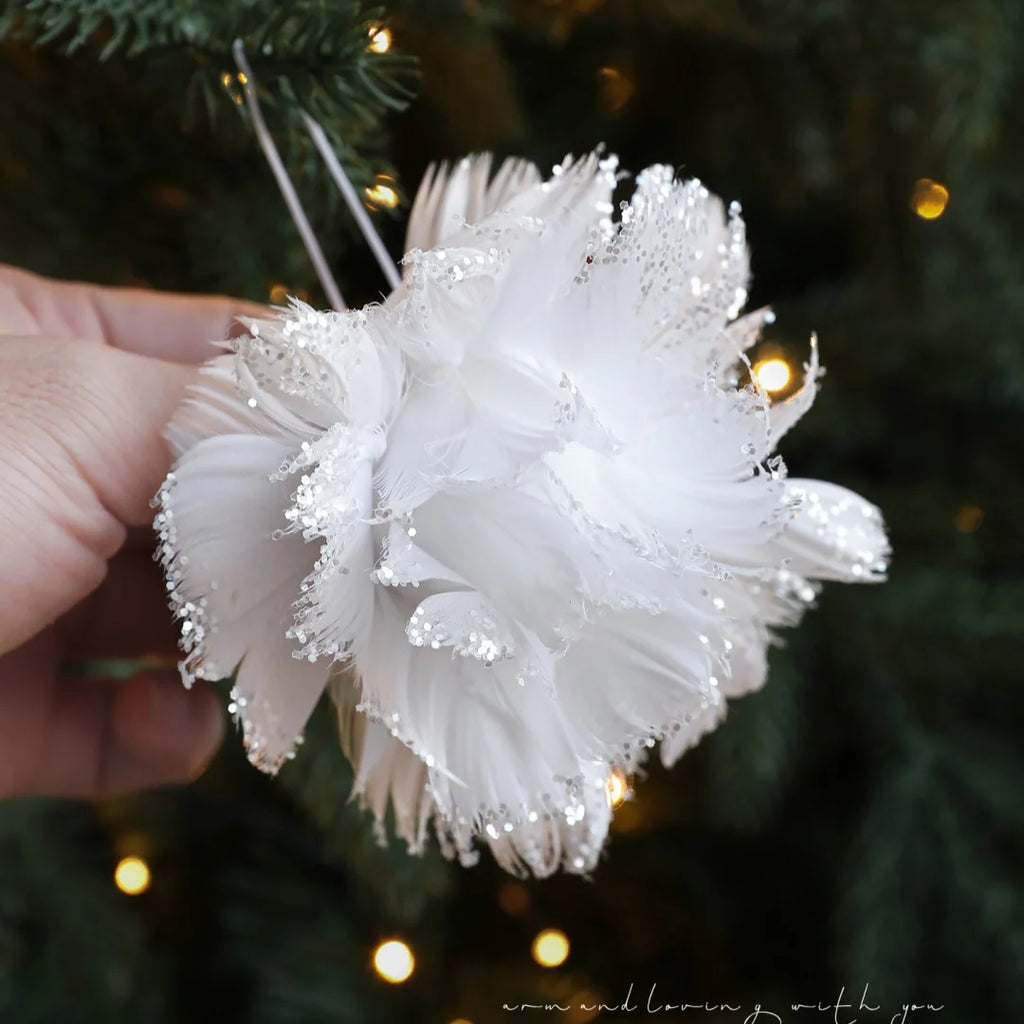 Pink & White Feather Glitter Foam Christmas Ball Ornament