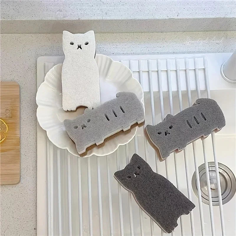 4-piece cute cat shaped kitchen sponge - three-layer design, used for washing dishes and cleaning - essential kitchen tools Oasis Select