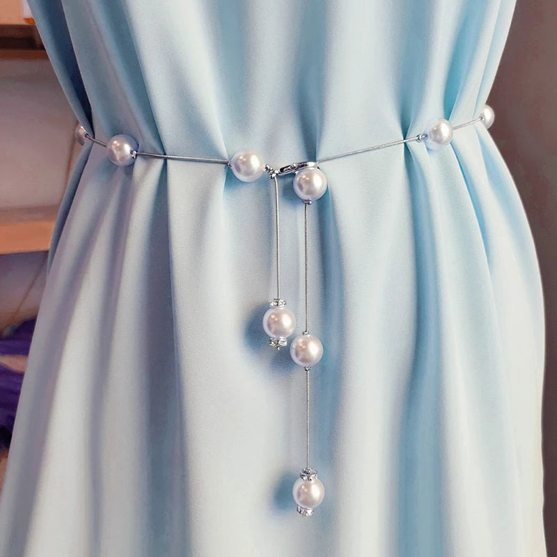 Elegant Pearl Women's Belt Simple Adjustable Metal Thin Chain Belt For Ladies Dress Skinny Waistband Decorative Jewelry Oasis Select Silver