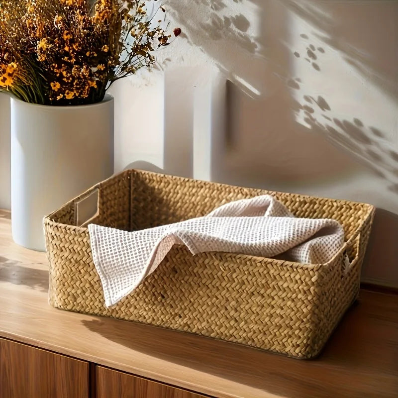 Handwoven Rattan Basket, Rectangular Storage Organizer for Bathroom Bedroom Living Room, Durable Wicker Decor Grocery Bag Holder Oasis Select 1PC