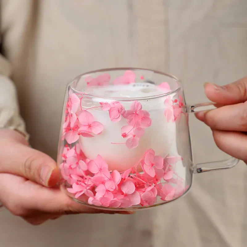 Double-Walled Glass Coffee Cup, Built-In Real Flower Design,Transparent Glass Coffee Cup for Hot & Cold Beverages, Tea, Latte Oasis Select