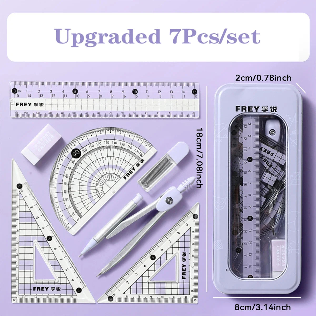 7pcs Student Geometry Tool Set Pastel Color Compass Protractor Ruler Kit with Case for School Drawing & Math Homework Oasis Select purple