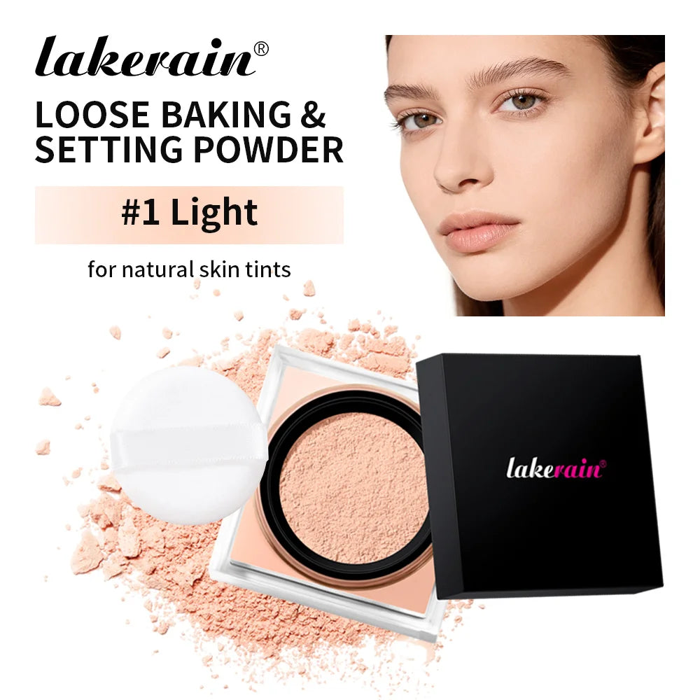 Loose Baking&Setting Powder and Puff Long Lasting Waterproof Oil Control Matte Setting Powder Natural Brightening Face Cosmetics Oasis Select 1Light and puff