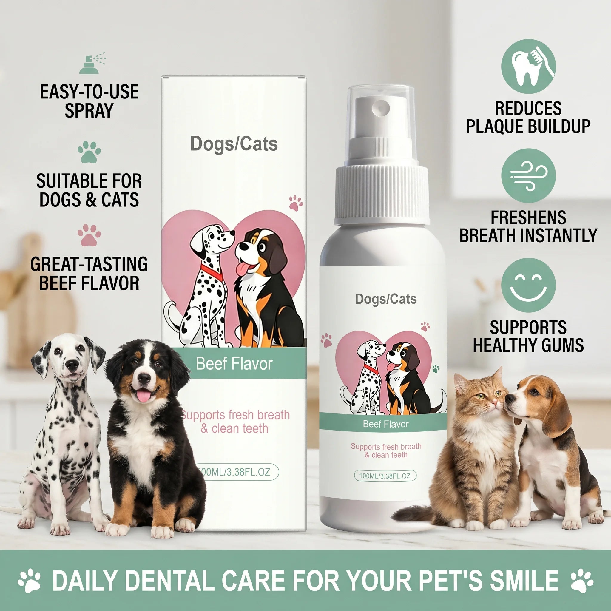 Pet Dental Spray Beef Flavor Breath Freshener Reduces Plaque and Tartar Removes Odor Eliminating Spray for Dogs & Cats Gum Care Oasis Select