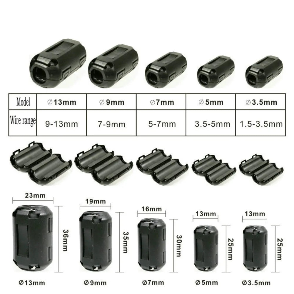 For 3.5/5/7/9/13mm Black Cable Connector Filters Holder Ring Core Ferrite Bead Clamp Choke Coil EMI RFI Noise Filter Clip Snap Oasis Select