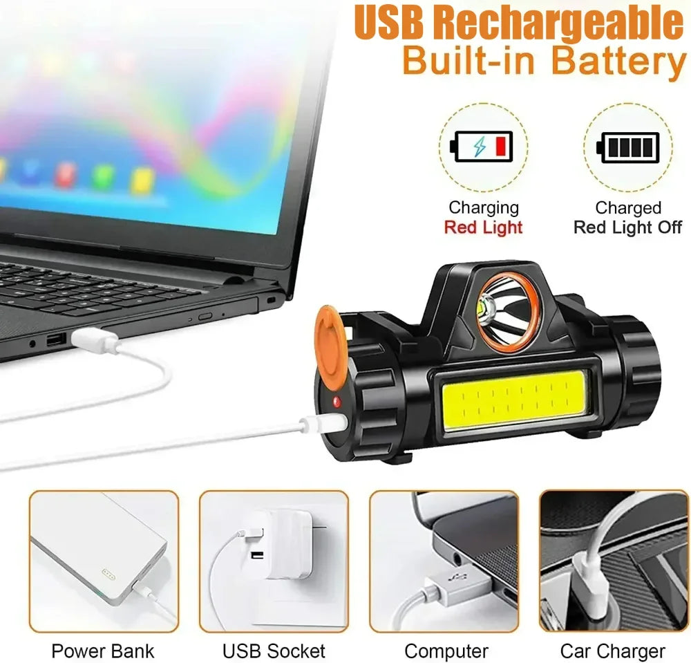 Super Bright LED Headlamp USB Rechargeable XPE+COB Head Flashlight Waterproof with Tail Magnet Dual Light Sources Camping Lamp Oasis Select