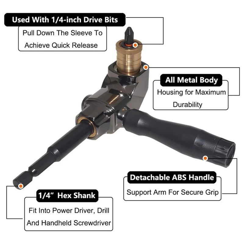 Right Angle Drill Attachment, All Metal Body 90 Degree Drill Adapter With Detachable Handle, Drill Bit Corner Adapter Durable Oasis Select