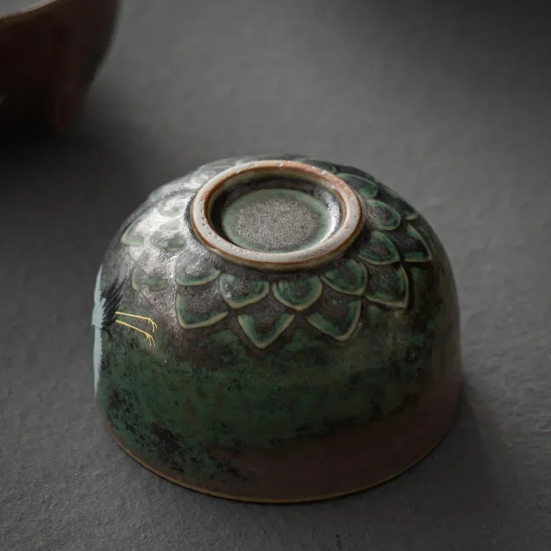 Traditional Chinese Style Tea Cup Flying Crane Pattern Retro Ceramic Teacup Coffee Cup Coarse Pottery Cups Oasis Select