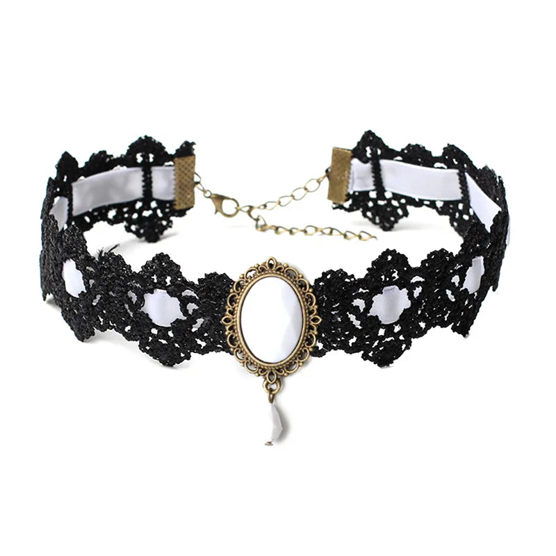 Black Lace Necklace Collar Choker Velvet Crystal Vintage Gothic Chain Pendant Oasis Select White