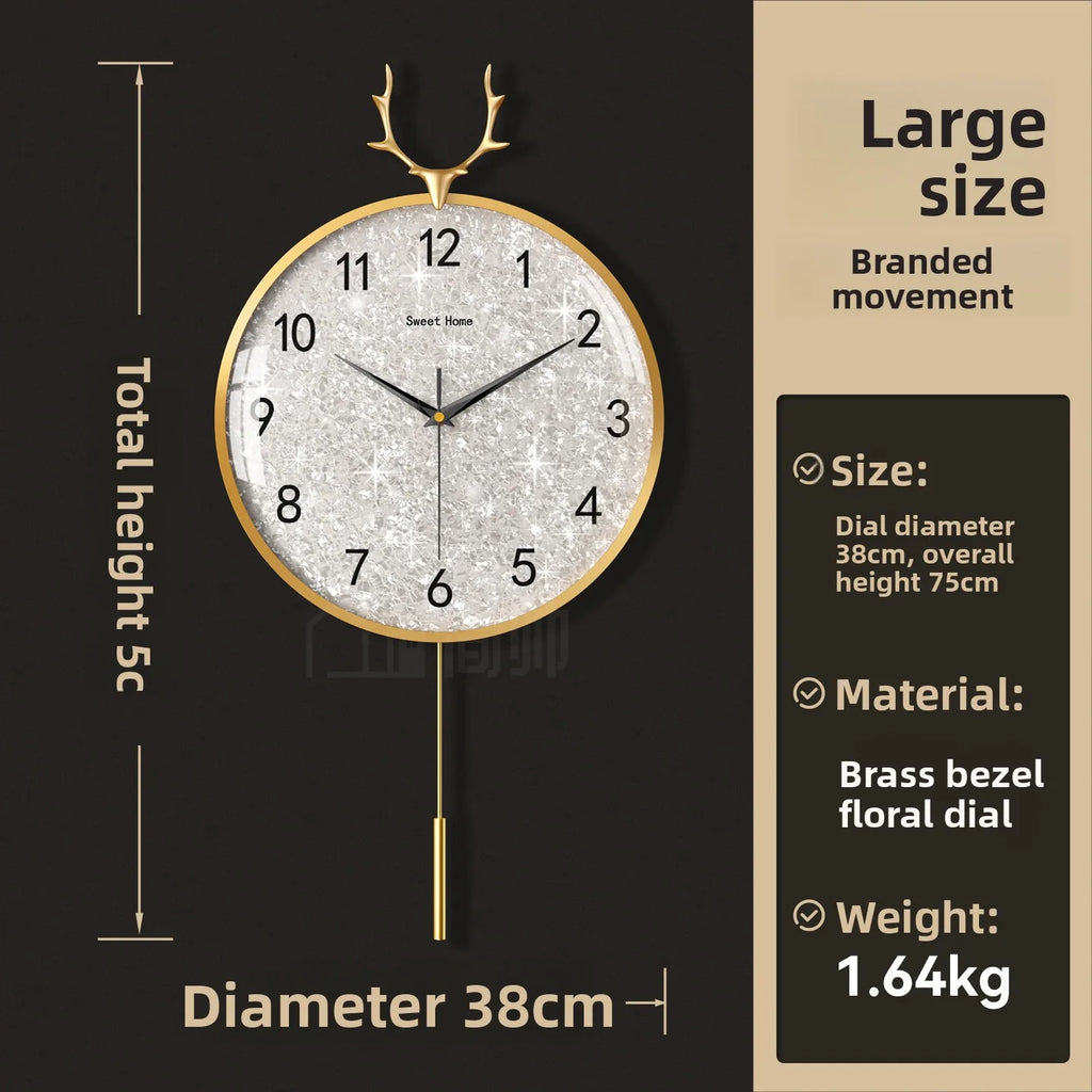 Golden Deer Horn Hanging Clock Pendant Light Luxury Dial Silent Living Room Modern and Simple Home Wall Decoration Oasis Select Brass 38cm Normal
