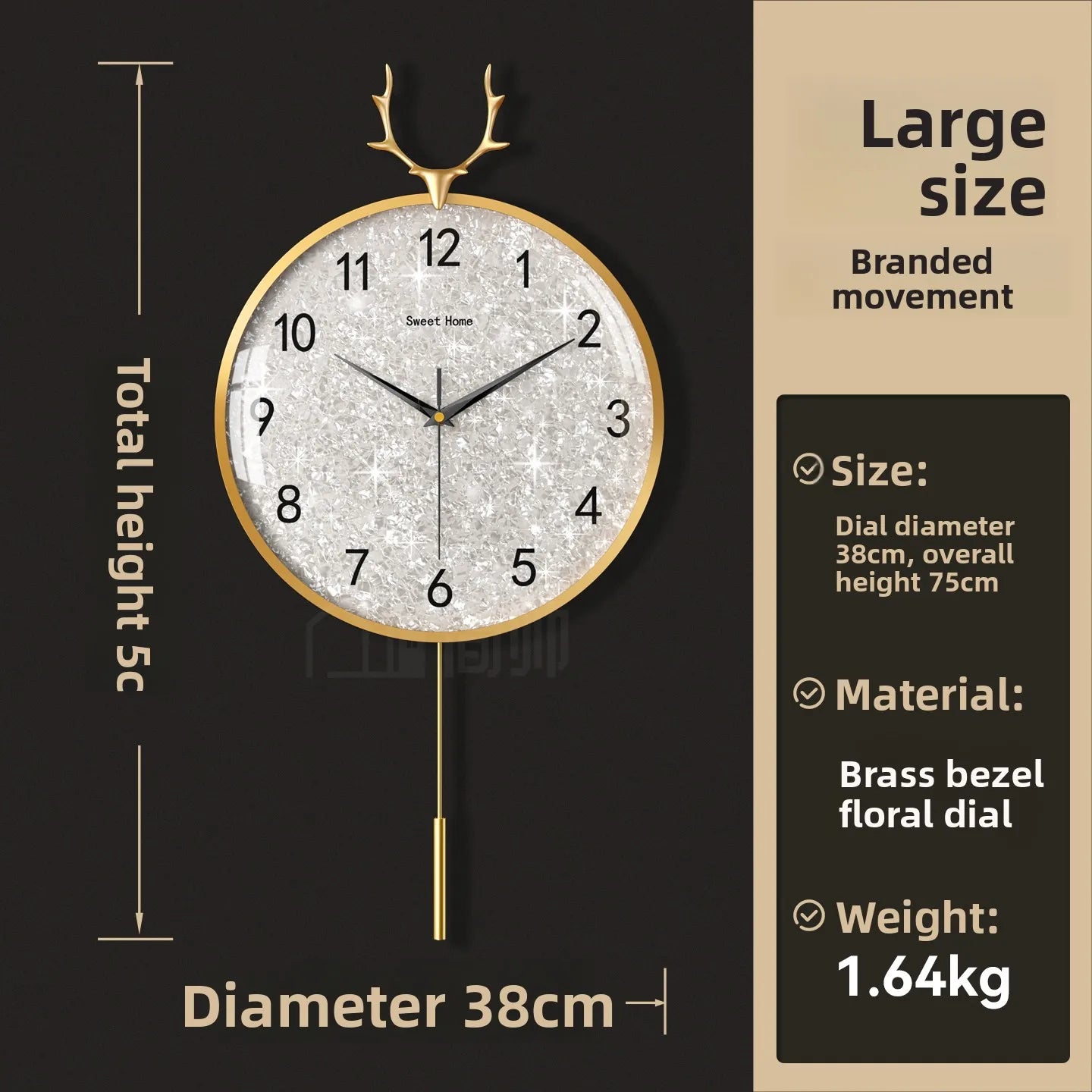 Golden Deer Horn Hanging Clock Pendant Light Luxury Dial Silent Living Room Modern and Simple Home Wall Decoration Oasis Select Brass 38cm Normal
