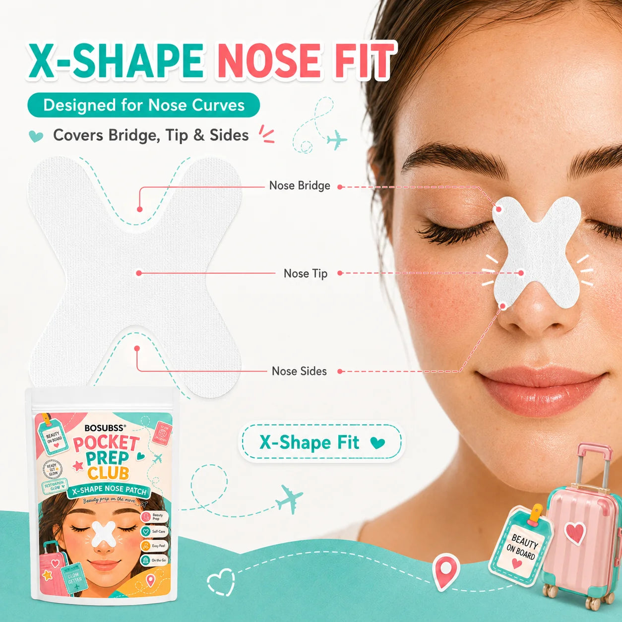 BOSUBSS X-Shape Nose Patch, Travel Friendly Nose Area Care Strips, Easy Peel-Off Beauty Prep Patches for Daily Skincare Routine Oasis Select