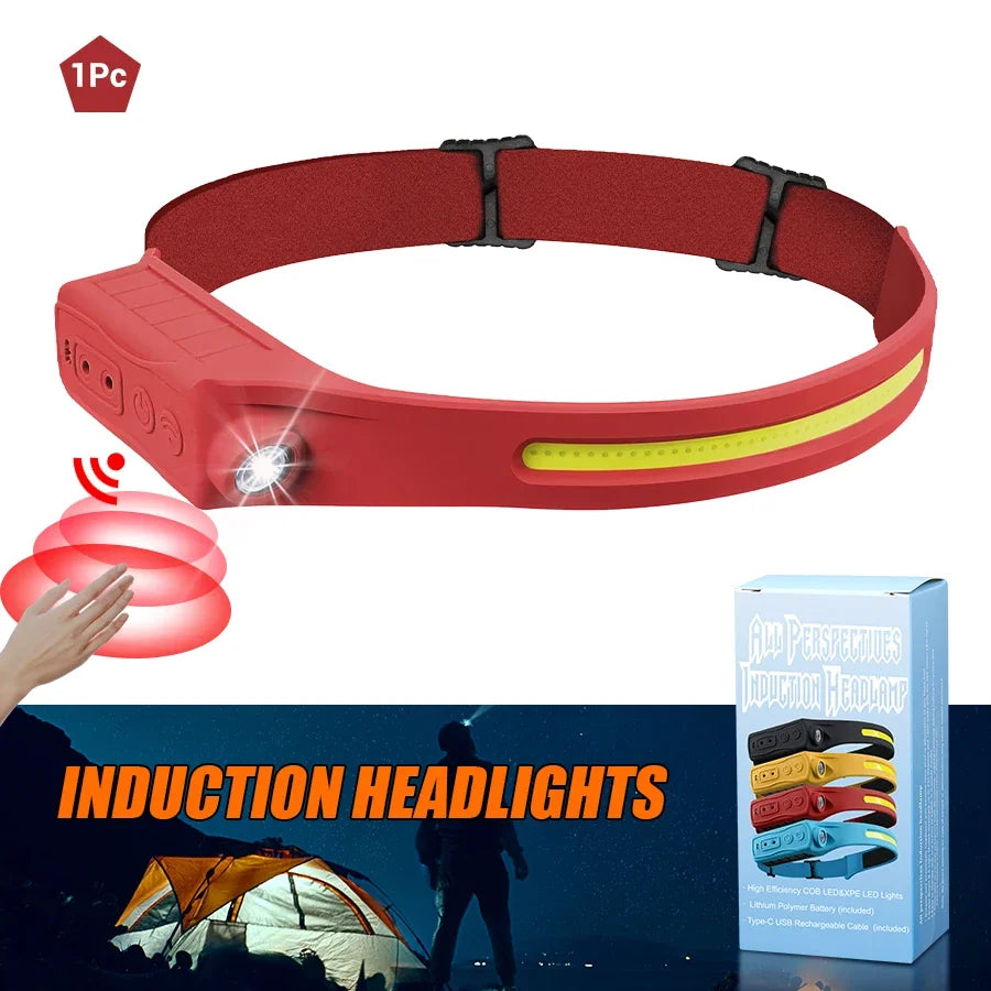 Powerful COB LED Induction Headlamp Built-in Battery USB Rechargeable Head Flashlight Outdoor Camping Fishing Riding Headlight Oasis Select Red 1PC