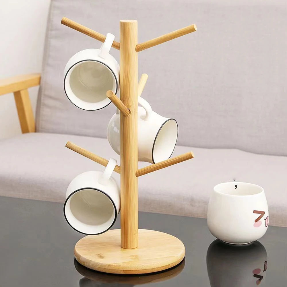 Tree Shape Bamboo Mug Holder Stand – 6-Hook Cup Display Rack