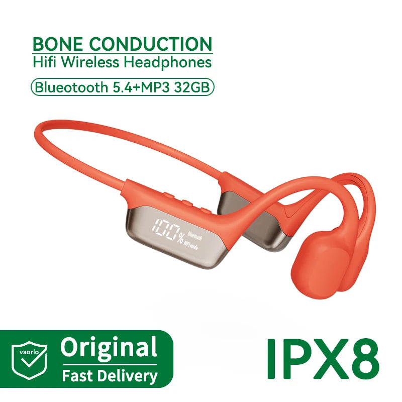 #IPX8 Waterproof Bone Conduction Wireless Headphone Bluetooth 5.4+32GB RAM MP3 Player HIFI Music Sport Swimming Headset With Mic Oasis Select OrangeRed
