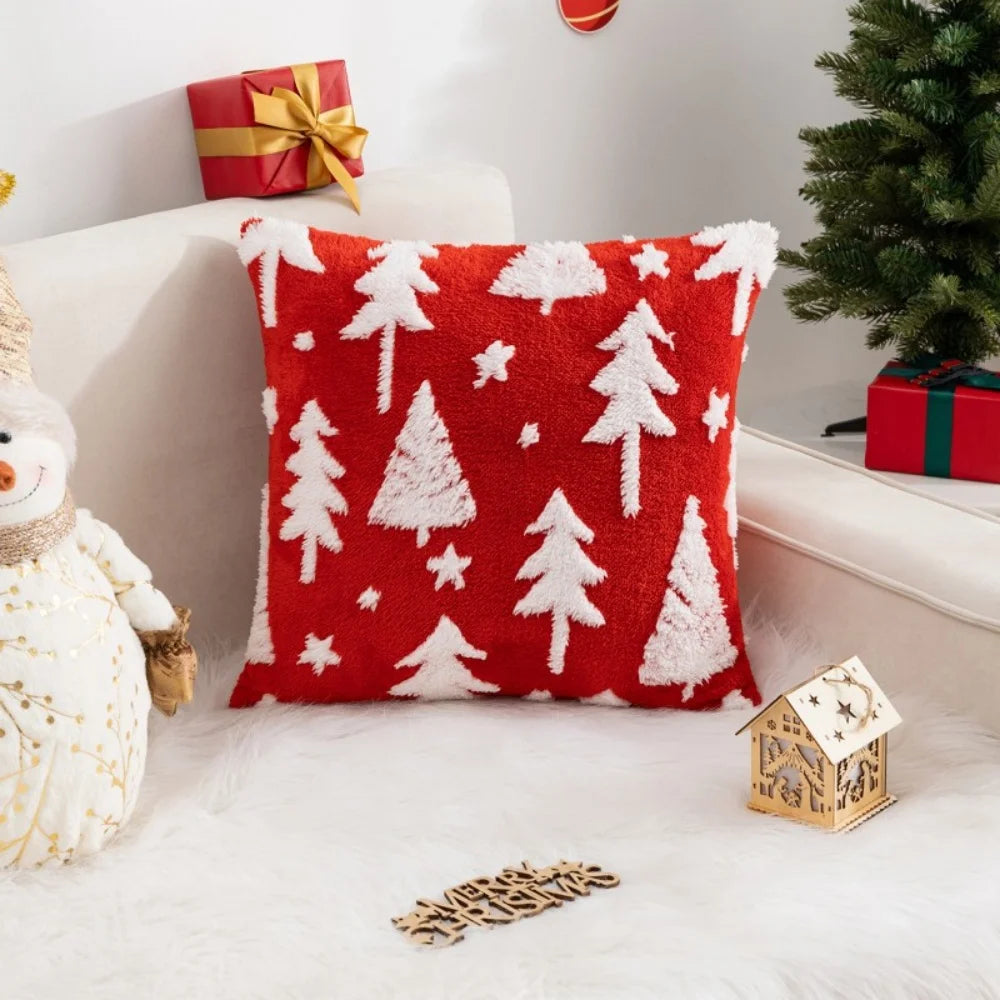 Christmas Throw Pillow Cover Christmas Tree Snowflake Elk Jacquard Plush Pillow Case Holiday Decor New Year's Home Cushion Case Oasis Select Red 1