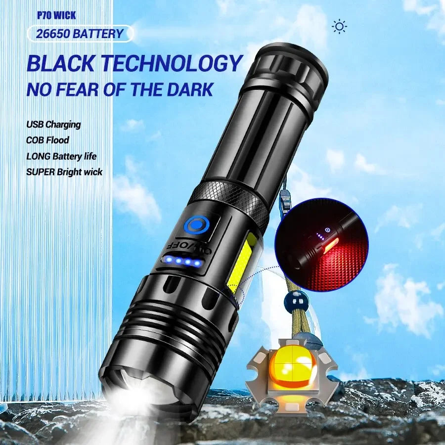 Super Bright XHP70 Powerful Led Flashlight Power Bank Torch Light USB Rechargeable Camping Tactical Flashlight with COB Lamp Oasis Select