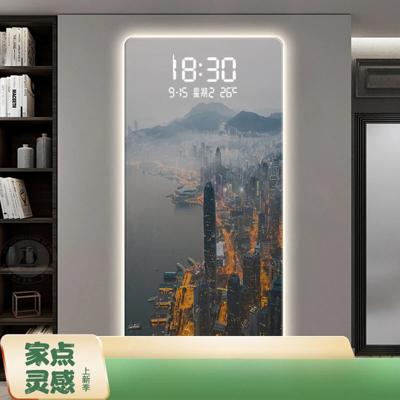 Led Electronic Wall Hanging Clock Porch Decorative Painting City Night Scene Advanced Sense Human Induction Wall Clock Oasis Select