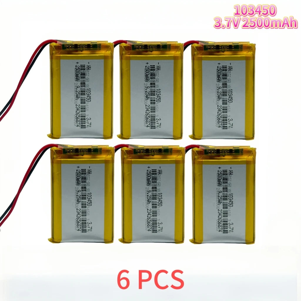 103450 3.7V 2500mAh Polymer Lithium Rechargeable Battery JST PH 2.0mm 2Pin Plug for Camera GPS Navigator MP5 Bluetooth Headset Oasis Select 6 PCS