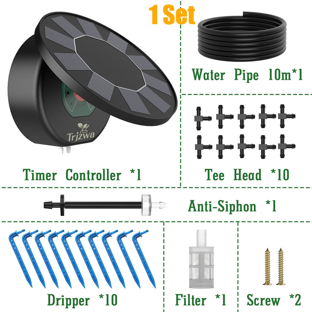 Solar Drip Irrigation System, DIY Drip Accessory Kit, Automatic Plant Watering System, with Watering Timer&10M Water Pipe Etc Oasis Select 1 Set