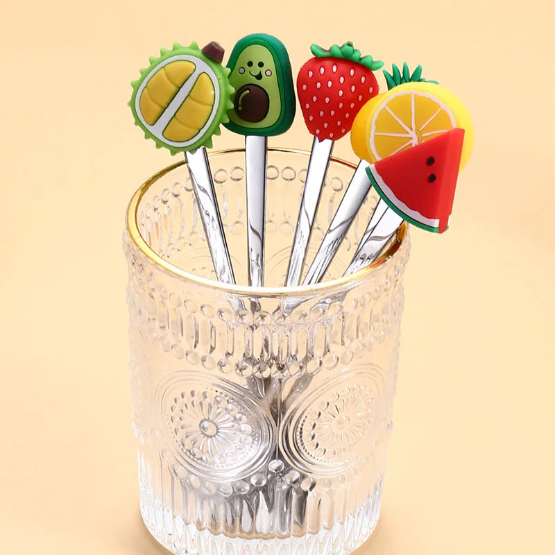 7Pcs Stainless Steel Fruit Shaped Coffee Spoons Fruit Dessert Spoon Fork Candy Tea Spoon Drink Tableware Kitchen Supplies Oasis Select